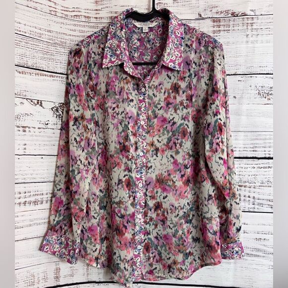 Liverpool Blouse Womens Sz Small Floral Button up chiffon sheer Top long sleeve - Picture 2 of 14